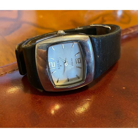 Women's Relic Folio Watch, Silver Tone with Black Leather Strap - Picture 1 of 2